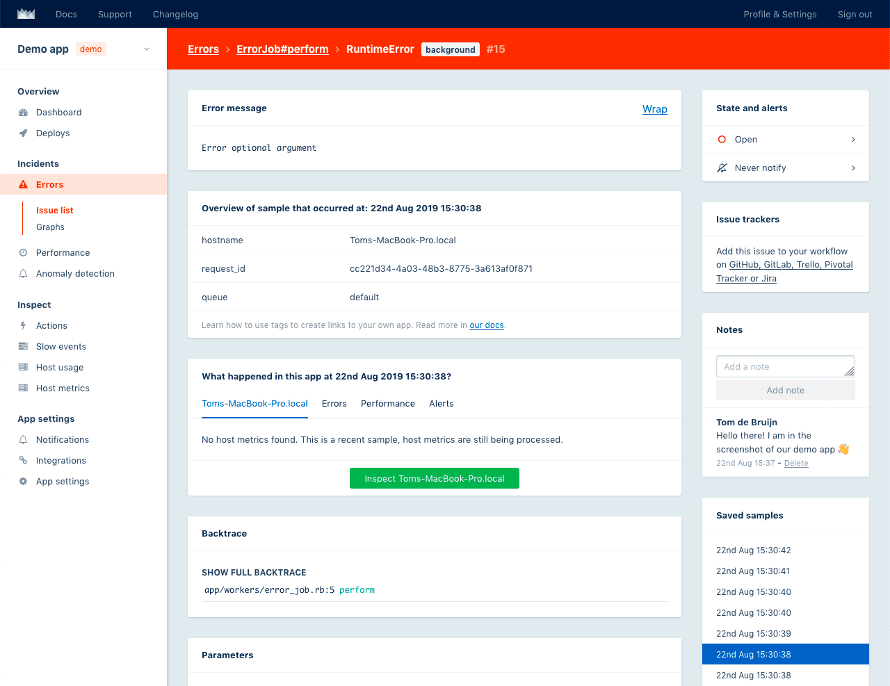 Screenshot of previous incident detail page