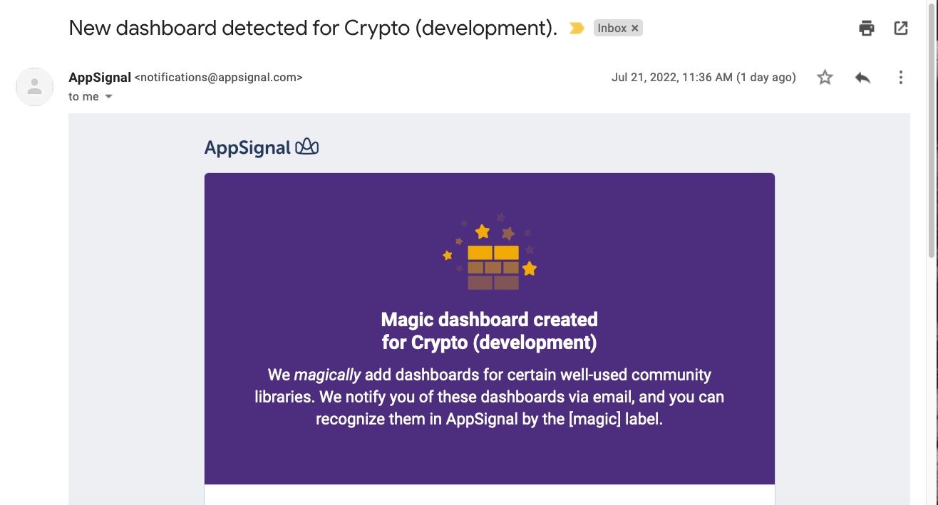 Informational email that a Sidekiq magic dashboard was created